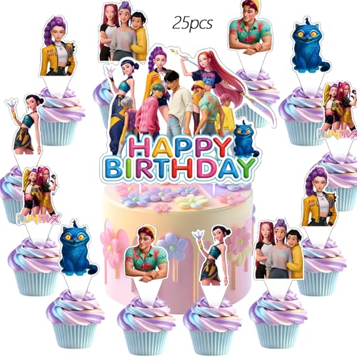 25Pcs For Demon Movie Hunters Cake Decorations with 24pcs Cupcake Toppers, 1pcs Happy Birthday Cake Topper, Cartoon Themed Party Supplies, Perfect for Birthday Party Decorations