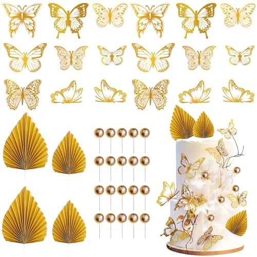 TYXHXTF Paquete de 42 Decoracion Tartas Cumpleaños, Decoración de Papel con Tartas de Palma, Adornos de Mariposa para Cupcake, Bolas para Decoración de Pasteles(Oro)