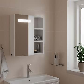 Armario De Baño Con Espejo LED - Mueble Colgante Con 3 Estantes Ajustables Y Soporte Para Secador