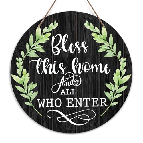 HEZNZXQ Welcome Door Sign, Greenery Wooden Round Decorative Wall Plaque, Bless This Home And All Who Enter, Christian Farmhouse Porch Yard Hanging Sign, 10 x 10 Inch, Wood