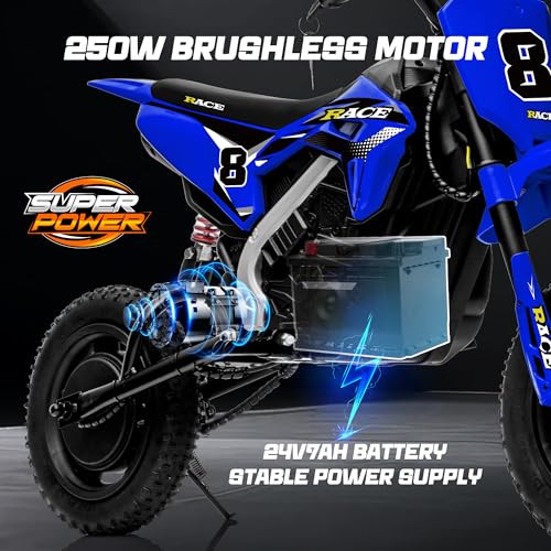 Image of 24V 250W Kids Electric Dirt Bike Up to 11 MPH with Cover, Blue | Custom Number Sticker, Twist Grip Throttle, Drum Brake, Metal Suspension, 12'' Inflatable Tire, 120lbs Load, Music&Wireless
