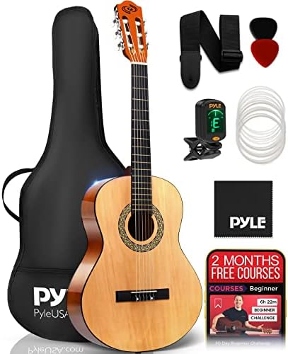 Pyle Beginner Acoustic Guitar Kit, 3/4 Junior Size Instrument for Kids, Adults, 34" Natural Gloss