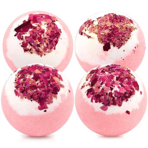 kastu Dried Flower Bath Bombs Salt Balls,4-Pack Gift Set,Rose Extract Essential Oils,Moisturizing Dry Skin,Fizzy Spa,Relaxation,Self Care,Relaxing,Bubble Bath Bomb Gifts Idea for Men Women