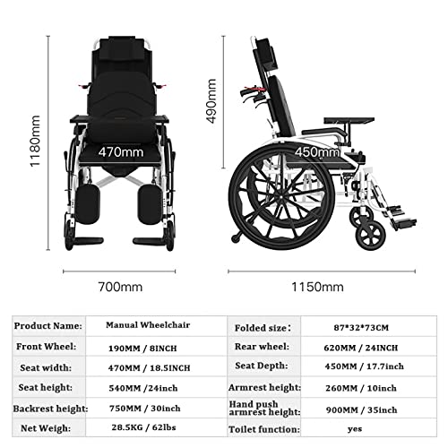 Gaslike Reclining Wheelchair For Adults, Lightweight Folding Transport Wheelchairs With High Back & Removable Headrest, 180° Full Reclining Scooter, Removable Swing-Away Footrest, 18-Inch Seat #TOP4
