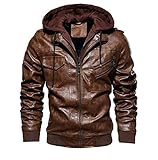 Herren Winter Lederjacken und Mäntel Herbst Motorrad Biker Lederjacke Slim Fit Schräge Kapuzenjacke, braun, XXXL