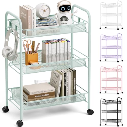 TOOLF 3 Tier Rolling Cart, Metal Utility Storage Cart with Wheels, Green