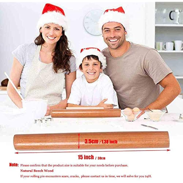 Wooden Rolling Pin for Baking Pizza making, Professional Dough Roller Rolling Pins Wood, 15-3/4-Inch by 1-1/4 Inch, Beech Wood for Baking Pizza, Clay, pasta, Cookies, Roller Pins Baking (Wooden)