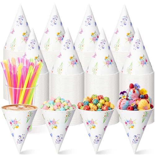 Honeydak 200 Pcs Spring Floral Snow Cone Cups with Spoon