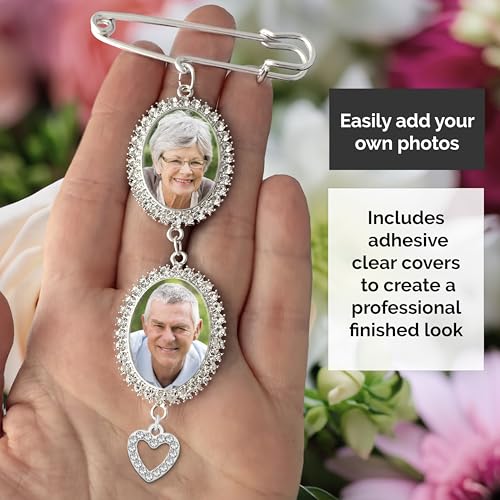 Wedding Bouquet Photo Charm Rhinestone Heart Pin Brooch Boutonniere Double Frame for Wedding Shower Bride by MemoriPix - Used condition - Image 2
