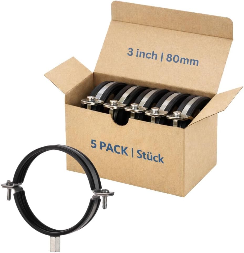 3 Inch Pipe Clamp Pack of 5 - Pipe Hanger for Ventilation Duct Connection to the Wall or Ceiling - Metal Duct Clamp with Rubber Seal - Tube Support Mounting Brackets - Thread M8/M10