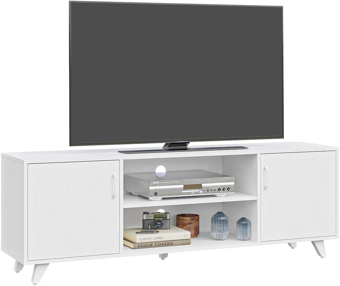 Panana TV Stand for 55 60 65 70 inch TV, Modern Mid Century Entertainment Center Media Console Table with 2 Doors 2 Shelves for Living Room, 63" x 15" x 21.6" (White)