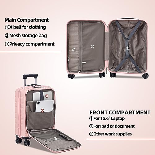 Image of Kaleenie 19 Inch Suitcase Hand Luggage with Front Pocket for 15.6 inch Laptop, 35 * 23 * 55cm, 43L, Ligthweight ABS+PC Hardshell Carry On, TSA Lock & YKK Zippers with HINOMOTO 360 Wheels, Pink