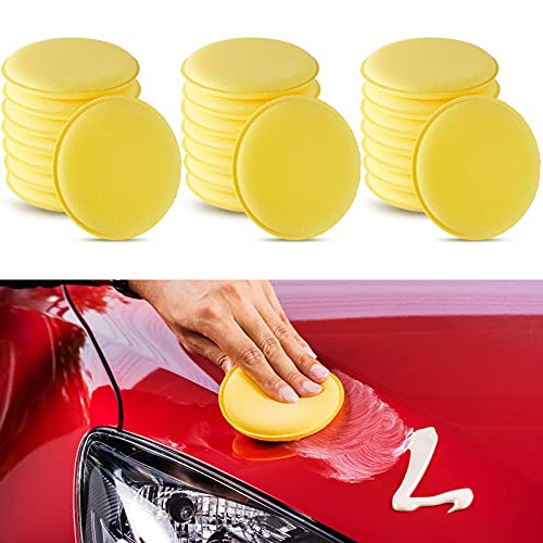 24 Pieces 4 inch Wax Foam Applicator Pad, Car Polishing and Waxing Sponge, Polyurethane Waxing Sponge, Cleaning and Car Washing Soft Sponge, Round Shaped Pressing Foam Sponge Cleaning Tool, Yellow