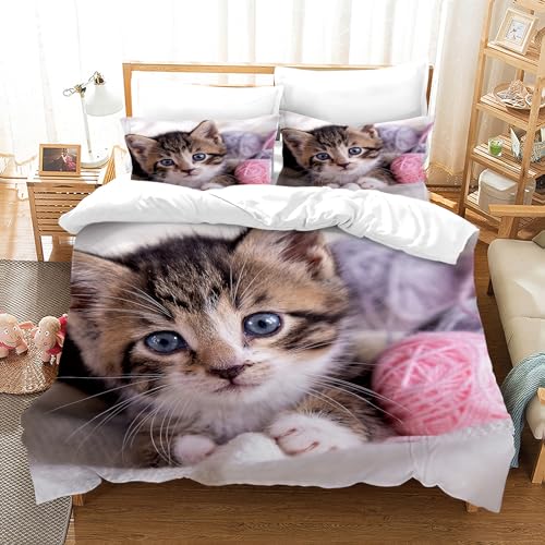 PORJDN Housse de Couette Chat,avec Housse de Couette et taie d'oreiller 65x65cm.Kitty Housse de Couette 3D Animal de Compagnie Ensemble Housse de Couette Chat....