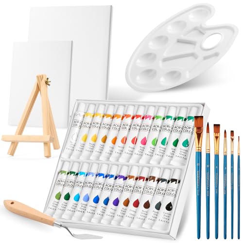 Conjunto completo de pinturas acrílicas com cavalete de madeira dobrável, 24 cores, 6 pincéis, tela, espátula, paleta - ideal para artistas e trabalhos manuais infantis