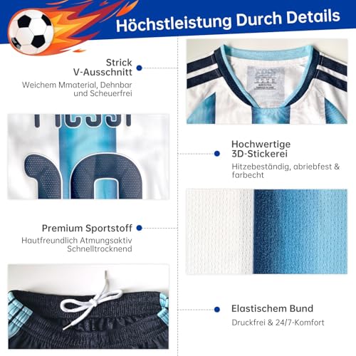 COQOYO Fussball Trikot Kinder Set, Heim Nr.10 Fußballtrikot für Jungen und Mädchen von 8-9 Jahren, Atmungsaktives und Schnelltrocknendes Fußball-Trainingstrikot mit Kurzarm Shorts Socken, Blau-Weiß