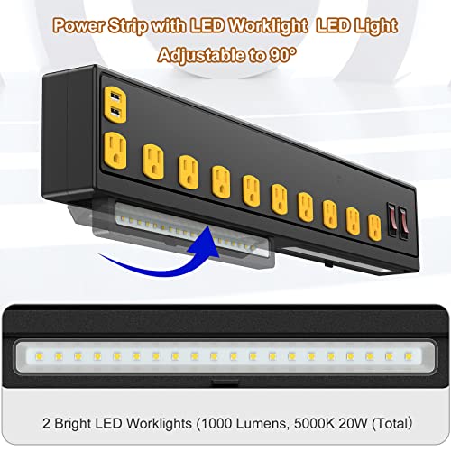 10-Outlet Heavy Duty Power Strip With Led Work Light, Wall Mount Long Power Strip With Usb Ports, 6.56 Ft Power Cord 1350 Joules Outlet Surge Protector For Workshop Garage Industrial (Etl Listed) #TOP2