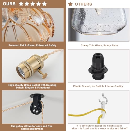 GMTB Plug in Pendant Light Fixtures, Hanging Light Fixture Glass Pendant Light, Vintage Amber Hanging Lamp, Pendant Lighting for Kitchen Island, Bedroom, Dining Room, Living Room by GMTB - Image 7