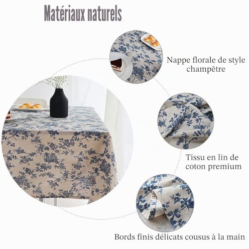 Nappe fleurie bleu lin de coton rectangulaire nappe style fermier - 5
