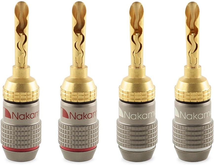 Nakamichi FanLock Excel Series 24k Gold Plated BFA Banana Plug 10 AWG - 18 AWG Gauge Size 4mm for Speakers Amplifier Hi-Fi Stereo Home Theatre Radio Audio Wire Cable Quick Connector, 4 Pcs (2-Pairs)