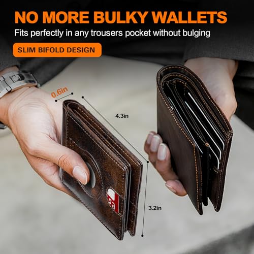 Image of Wallet for Men Slim RFID Blocking Bifold Carbon Fiber,Minimalist Small Compact Front Pocket Credit Card Holder,Thin Mens Leather Wallets Smart Security With 2 ID windows 1 Cash (Retro Black & Brown)