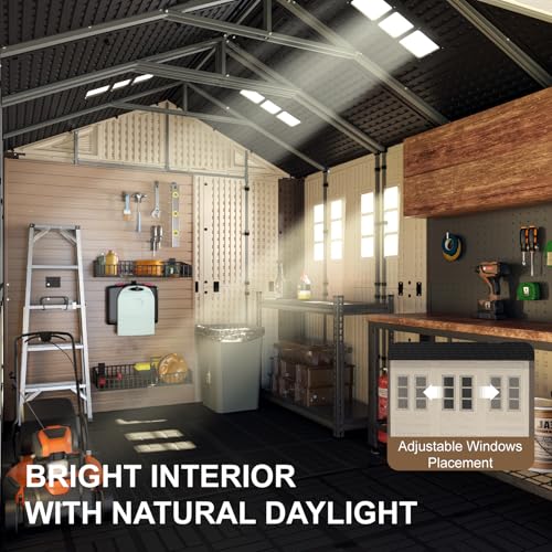 8x10 Ft Outdoor Storage Shed with Floor, Large Resin Outdoor Shed with Lockable Doors, 4 Fixed Windows & 4 Skylights, HDPE Garden Sheds for Backyard, Lawn Tools, Pool & Bike Supplies, Khaki - Image 2