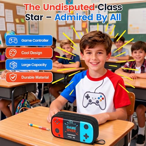 Image of Beaulyn Gamer Pencil Case for Boys - Expandable Zipper Pencil Box with 2 Compartment, Large Gaming Pen Bag Pencil Pouch Organizer for School Boy Kids