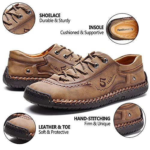 Fivestorescity Mens Casual Shoes Summer Breathable Sneakers Loafers Walking Shoes Hand Made Lace-Up Leather Dress Flats Shoes For Driving Business Working Office (Us 10, Khaki) #TOP2