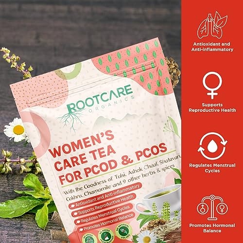 Image of Rootcare Organics Women's Health Care Ayurvedic Herbal Tea|For Pod & Pcos|100% Pure Natural Herbs|Tulsi Ashok Chaal Shatavari Gokhru Chamomile And 9 Other Herbs And Spices (Pack Of 1 Month) 100g