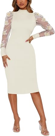 Ekaliy Women's Sexy Long Sleeve Mesh Bodycon Dress Ribbed Turtle Neck Pencil Midi Dresses Clubwear