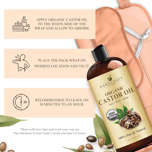 Image of Handcraft Blends Castor Oil Pack Wrap | Organic Castor Oil 16 oz | Reusable Wraps | Roll on Bottle | Durable Comfortable Pack Wraps | Adjustable Elastic Straps| Neck and Stomach