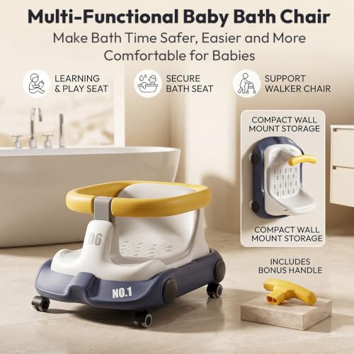 Image of StarAndDaisy Multifunctional Baby Bathing Chair with Removable Seat, Flip-Over Safety Rail, Wide Back Support, 360 Enclosed Design, Wheels & Wall Mount Storage, Bath Seat for Babies 6 Months-3 Years