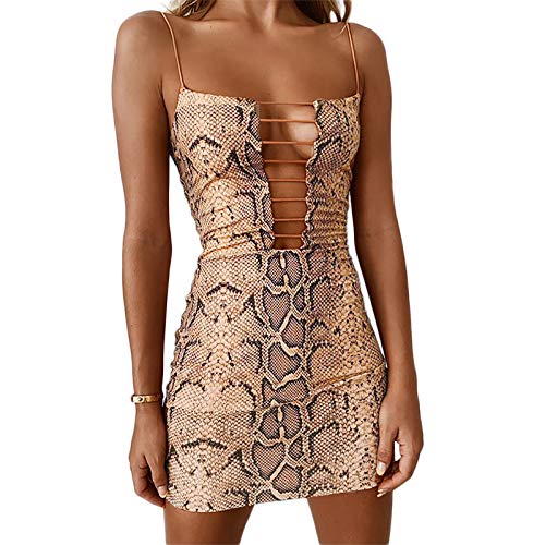 Women´s Sexy Snakeskin Dress Spaghetti Strap Front Follow Out Bodycon Mini Club Dress Female Short Dress (Brown, M)