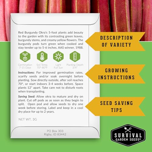 Okra Seeds Collection for Planting - 3 Heirloom Okras: Clemson Spineless, Red Burgundy, & Emerald Green Okra - Non-GMO Vegetable Garden Variety Pack for Outdoor Growing - Survival Garden Seeds