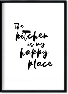 Kitchen is my Happy Place Wall Print – Handwritten Quote Wall Decor - Unframed Black and White Typography Poster