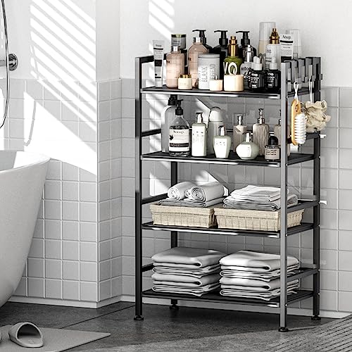 Eknitey Adjustable Metal Kitchen Shelf 4 Tier Bathroom Shelves Organizer Utility Storage Shelving Unit With 4 Hooks For Pantry Laundry Home Office(Grey) #TOP3