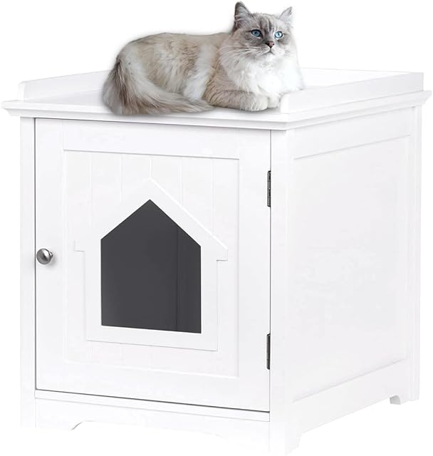 PAWLAND Wooden Cat Litter Box Enclosure, Wooden Cat House, Hidden Decorative Cat Home, Indoor Pet Crate White