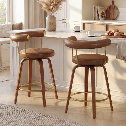 TYBOATLE Swivel Bar Stools Set of 2, Counter Height Bar Stools with Bent Wood Legs and Back, Mid-Century Modern Faux Leather Island Bar Chairs Barstools for Kitchen (2, Brown)
