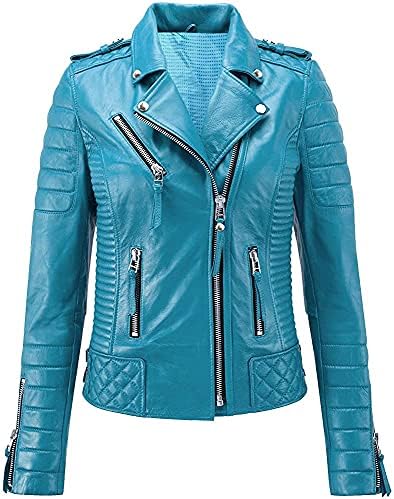 Louis Women Leather Jacket - Real Lambskin Leather Jackets For Women103 (Turquoise Blue, X-Small)