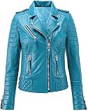 Louis Women Leather Jacket - Real Lambskin Leather Jackets For Women103 (Turquoise Blue, X-Small)