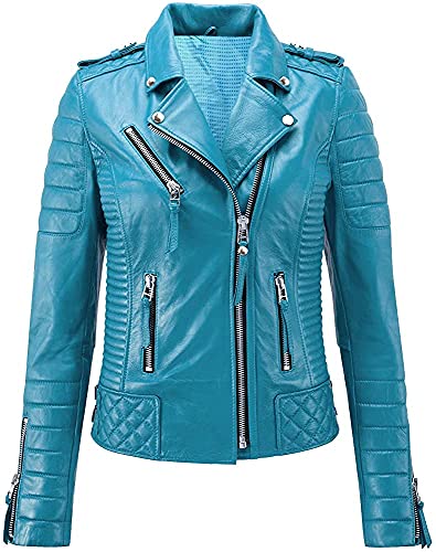 Louis Women Leather Jacket - Real Lambskin Leather Jackets For Women103 (Turquoise Blue, X-Small) #TOP1