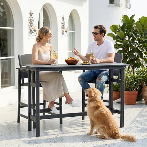 DAYARUS 3 Piece Outdoor Bar Height Table and Chairs Set, HDPE Outdoor High Top Table and Chairs with Aluminum Reinforced Tabletop, All Weather Bar Height Patio Set for Deck/Balcony/Backyard, Grey