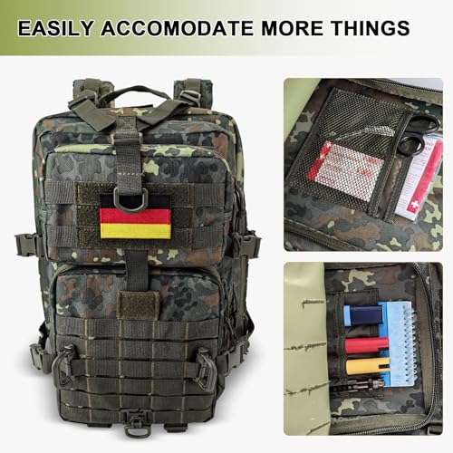 Image of Hannibal Tactical MOLLE Assault Backpack, Tactical Backpack Military Army Camping Rucksack, 3-Day Pack Trip w /USA Flag Patch, D-Rings, Flecktarn