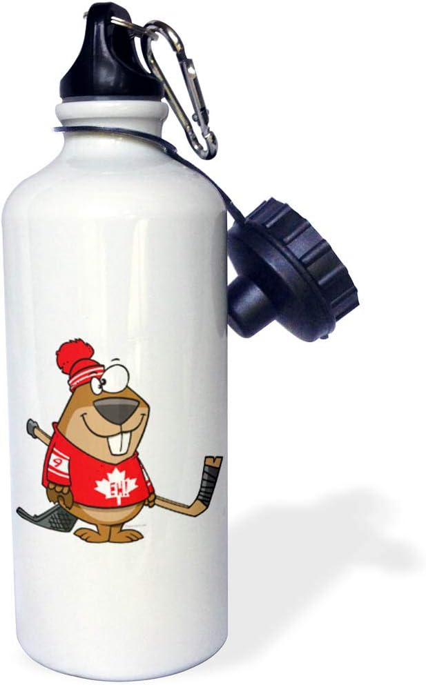 3dRose Silly Canadian Hockey Beaver Sports Water Bottle, 21 oz, White