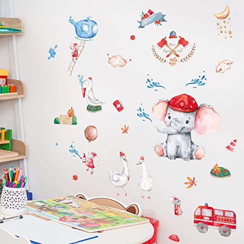 Aiyang Fire Trucks Wall Decals Transportation Vehicles Wall Stickers Elephant Animal Theme Wall Sticker Fire Engine Truck Wall Art Firefighter Vinyl Sticker For Boys Bedroom Playroom Decor #TOP3