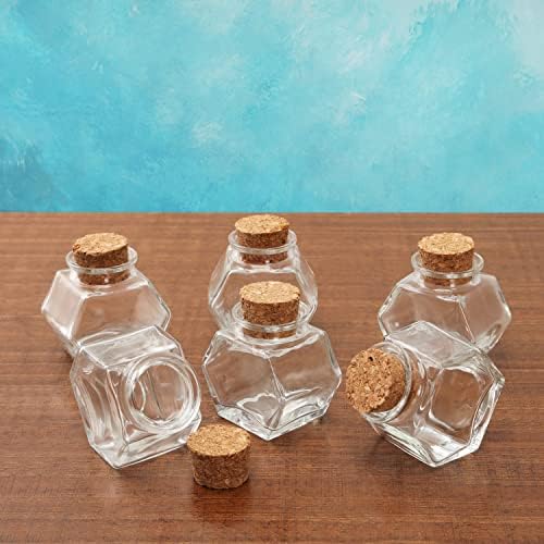 BELLE VOUS 12 Pack of Glass Hexagon-Shaped Jars with Cork Stopper Lids - 45-50ml/1.5-1.7oz - Mini Mason Airtight Storage Bottles & Funnel for Wedding Favours, Parties, Kitchen Spices and Jam