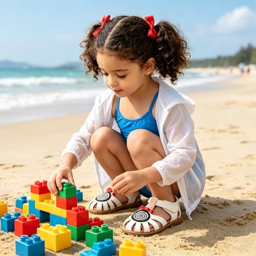 Image of Toddler Girl Sandals with Flower, Breathable Leather kids Closed Toe Sandals, Soft Rubber Non-Slip Summer Shoes for Little Girls 2-7 Years