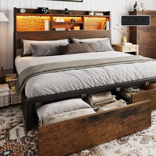 Belffin Queen Bed Frame with 6 Storage Drawers and Carving Headboard, Wooden Bed Frame with Charging Station and LED Lights, No Noise and Easy Assembly, No Box Spring Needed, Vintage Brown