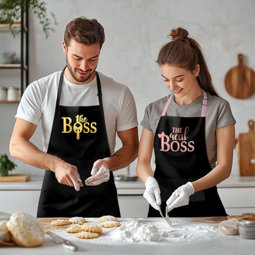 zukmvuh 2Pcs The Boss & The Real Boss Aprons Funny Cooking Kitchen Aprons for Women Men Valentine's Day Christmas Wedding Gifts for Couple Grilling Cooking Baking by zukmvuh - Used condition - Image 2