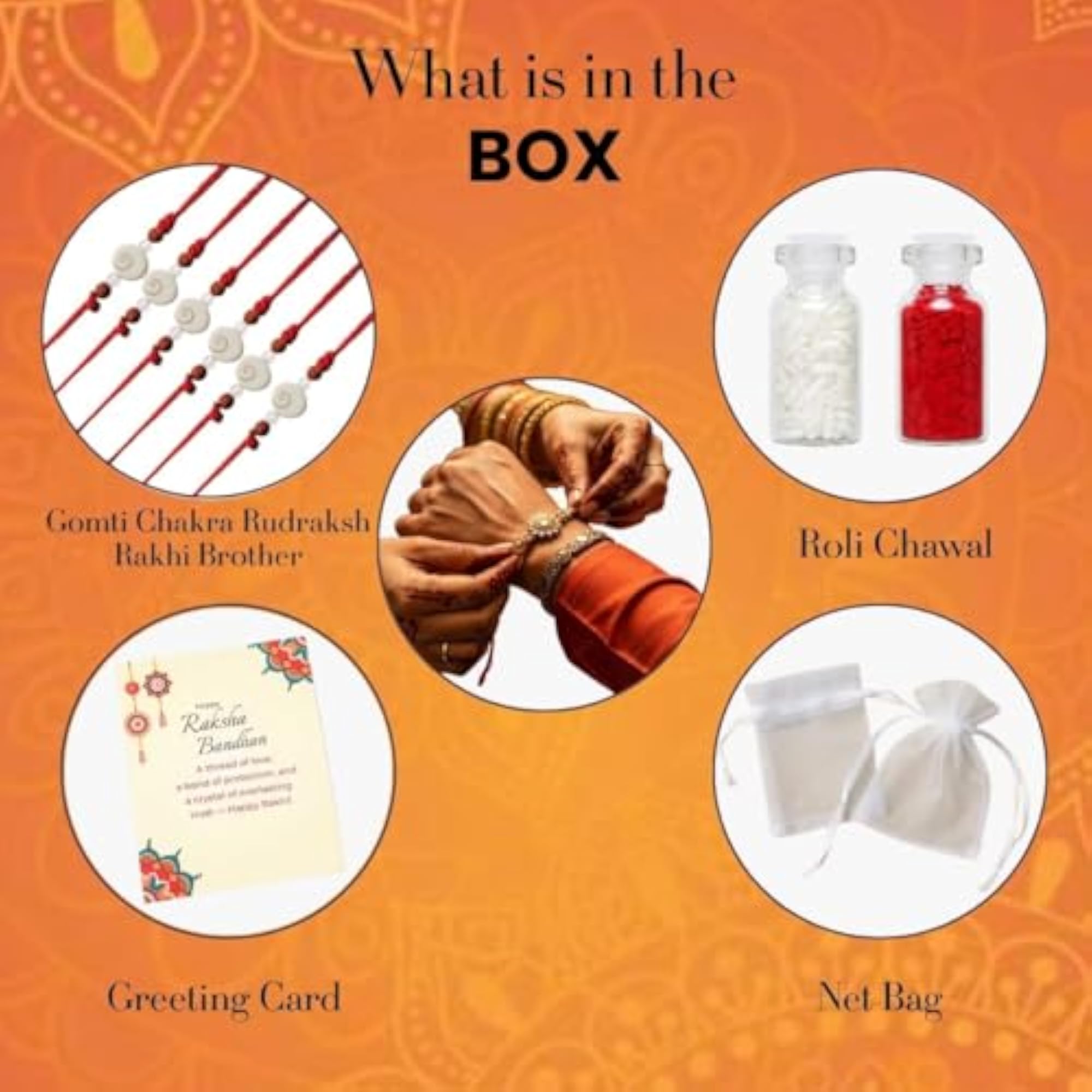 Handcrafted Rakhi with Gomti Chakra, Rudraksh & Lakshmi Kaudi
